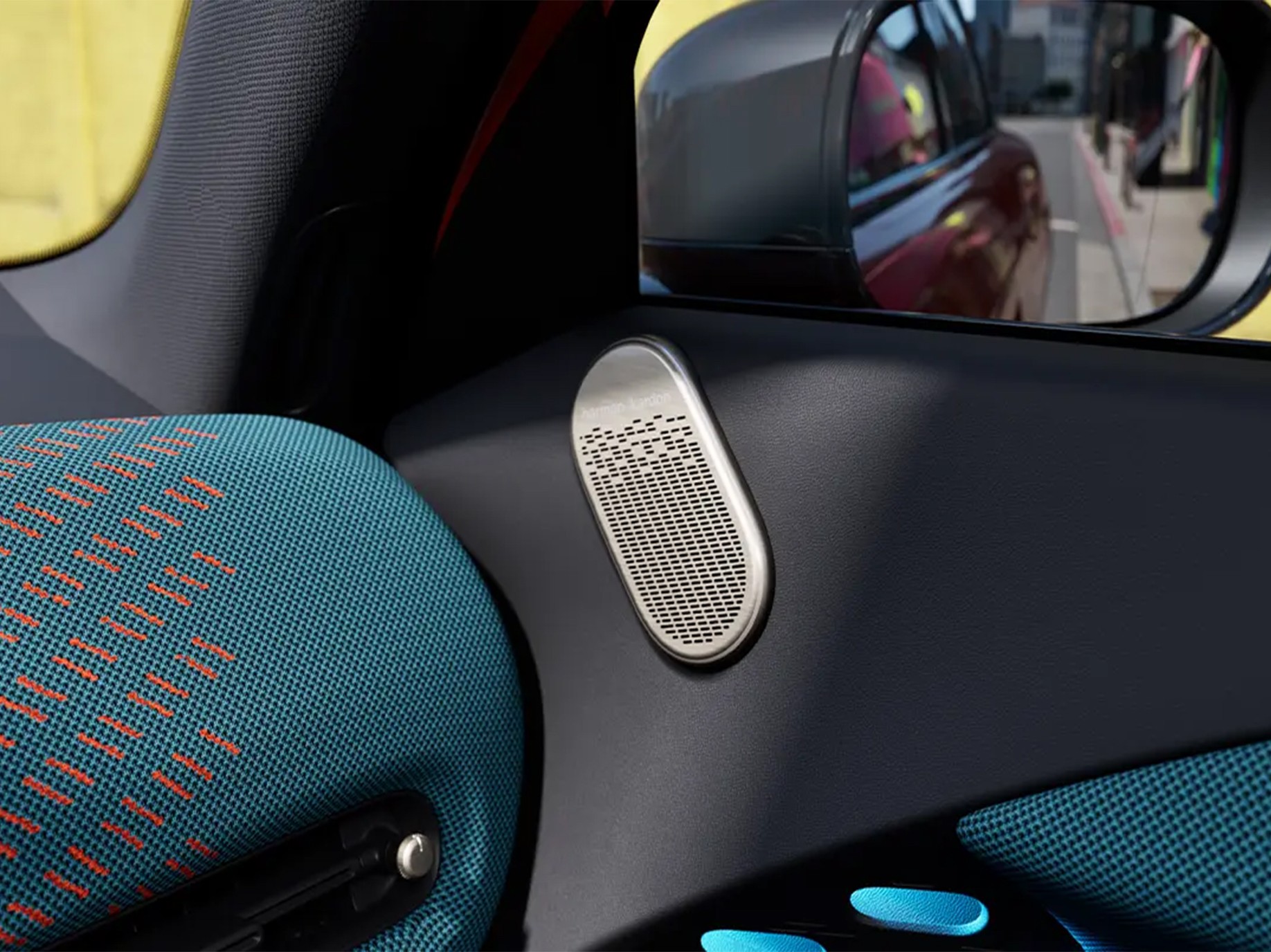 Detail view of the all-electric MINI Aceman Harman Kardon speaker